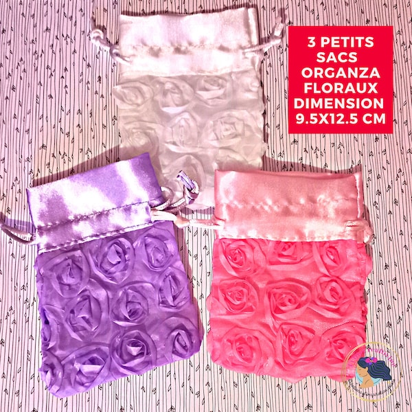 Pochons organza floraux - Couleurs Rose, Blanc, Violet - Sachets hobby - Emballage cadeau décoratif - Petit Objet -  Accessoires - Bijoux