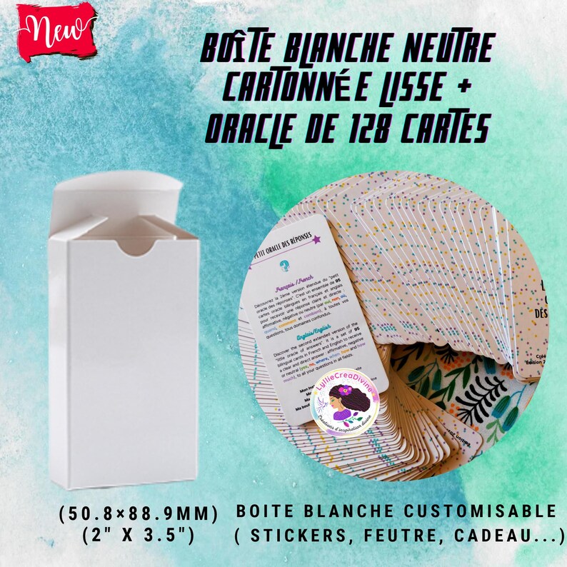 K&ouml;nnte beinhalten: Eine wei&szlig;e Pappschachtel mit den Ma&szlig;en 50,8 mm mal 88,9 mm neben einem Set aus 128 Orakelkarten. Die Karten haben ein buntes Konfetti-Muster und Text auf Franz&ouml;sisch und Englisch. Die Schachtel ist schlicht wei&szlig; und individuell gestaltbar.