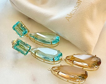 Clip-on earrings VICTORIA with crystals aquamarine and citrine