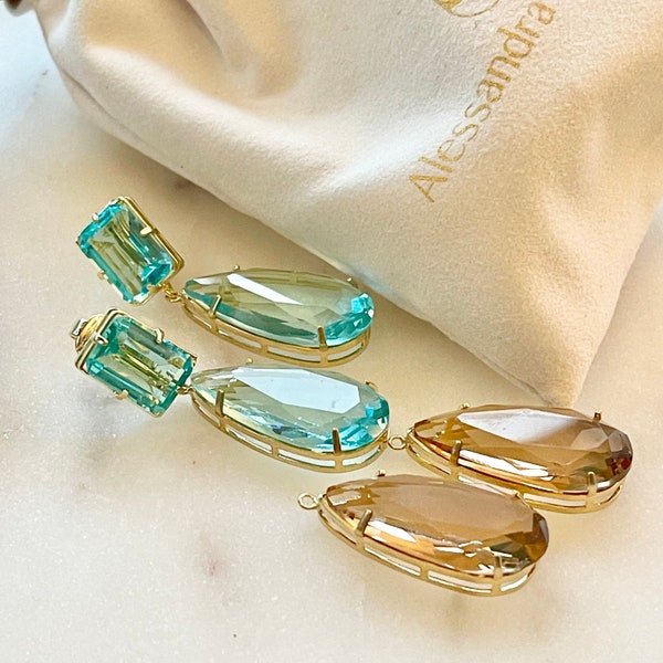 Clip-on earrings VICTORIA with crystals aquamarine and citrine