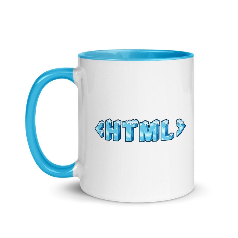 May include: White ceramic mug with a light blue rim and handle. The mug features a blue and white graphic of the code "<HTML>" with icicles on the letters.