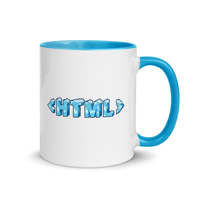 May include: White ceramic mug with a blue rim and handle. The mug features the text "<HTML>" in blue with a frosted, icy design.