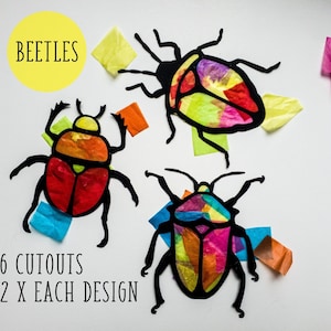 Beetles-Suncatcher Kit-kids kit artigianale- vetro colorato carta velina-collage kit-scuola progetto-craft-fai-da-te-fatto a mano-festa-coleotteri-insetti-insegnante