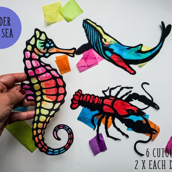 Under The Sea-Suncatcher Kit-kids craft kit- stained glass tissue paper-collage kit-school project-craft-DIY-handmade-party-Sea Horse-Ocean