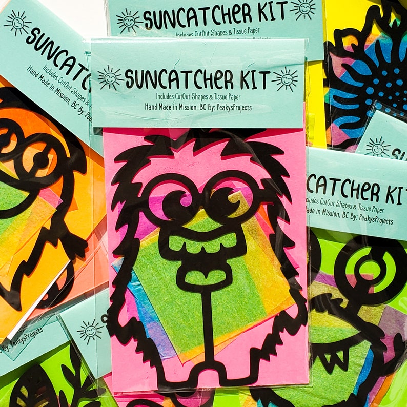 Mini Monster Suncatcher Kit kids craft kit stained glass tissue paper collage kit school project craft DIY handmade party image 1