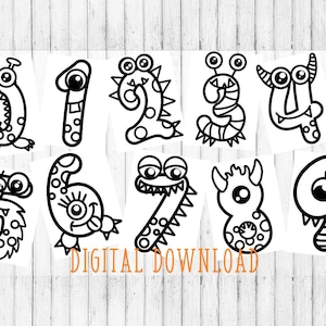 Printable Number Coloring Page-Instant Download-Monster Numbers-Activity Book-First Book-Math-Work Sheet-Booklet-PDF