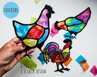 Chickens-Suncatcher-kids craft kit- stained glass tissue paper-collage kit-school project-craft-DIY-handmade-party-chickens-farm-teacher