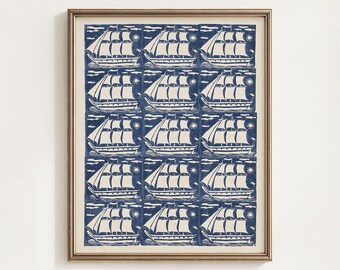 Blue Sailboat Pattern Printable, Nautical Block Print, Vintage Coastal Wall Art, Cottage Beach House Decor, Sailing Gift, Digital Download