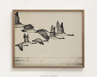 Canada Geese in V Formation Flight Printable, Migrating Birds, Vintage Wildlife Wall Art, Lake Decor, Nature Lover Gift, Digital Download
