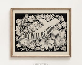 Thy Will Be Done Printable, Lord’s Prayer Christian Wall Art, Cross And Floral Religious Decor, Faith Gift, Catholic Digital Download