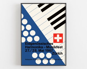 Swiss Harmonica Festival Poster 1967, Zurich Music Fest Exhibition Print, Vintage Graphic Design, Mid-Century Modern Art Decor, Music Gifts