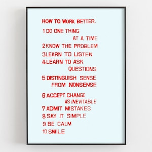 Cómo trabajar mejor por Peter Fischli y David Weiss Impresión, Cartel del entorno laboral, Citas de sabiduría Arte de pared, Decoración de oficina, Regalos motivacionales