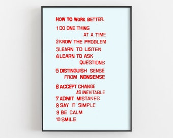 How To Work Better By Peter Fischli And David Weiss Print, Work Environment Poster, Wisdom Quotes Wall Art, Office Decor, Motivational Gifts