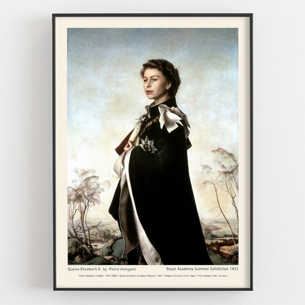 Jeune reine Elizabeth II Peinture par Pietro Annigoni Print, Royal Family Wall Art, Portrait de Sa Majesté, Monarque britannique, Affiche de l’exposition