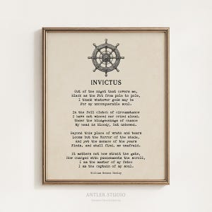 May include: A framed wall art print featuring a black ink illustration of a ship's wheel centered above the poem Invictus by William Ernest Henley. The text is printed in a typewriter-style font on a light beige background within a thin frame.