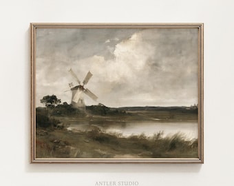 Windmill Landscape Printable, Vintage Countryside Painting, Dutch Lake Wall Art, Farmhouse Decor, Rustic Country Gift, Digital Download