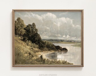 Lakeside Landscape Printable, Vintage Wooded Shore Wall Art, Rustic Nature Decor, Peaceful Lake Painting Gift, Digital Download