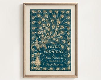 Pride And Prejudice Printable, Jane Austen Peacock Book Cover Wall Art, Classic Literature Decor, Reader Gift, Digital Download
