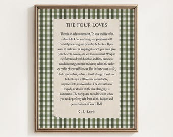 Four Loves Poem By C.S. Lewis Printable, Green Gingham Reading Room Wall Art, Cottage Library Decor, Book Lover Gift, Digital Download