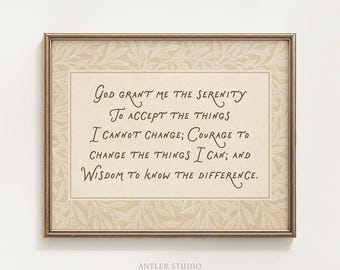 Serenity Prayer Printable, Christian Floral Scripture Wall Art, Neutral Faith Decor, Recovery Sobriety Gift Vintage Prayer, Digital Download