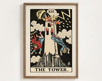 The Tower Tarot Card Printable, Rider Waite Major Arcana XVI Mystical Wall Art Decor, Occult Gift, Fire Fall Tarot 16, Digital Download