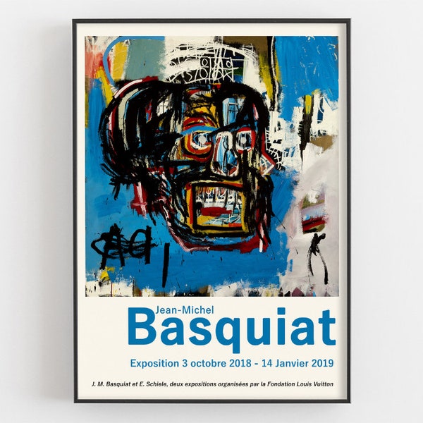 Jean Michel Basquiat Exhibition Poster, Basquiat Graffiti Print, Neo Expressionism Blue Head, Dino Crown Abstract Art, Urban Wall Decor Gift
