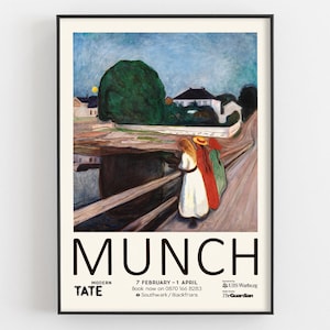 Edvard Munch Exhibition Poster - The Girls on the Bridge Painting, Lake Side Painting Wall Art, Vintage Women Artwork, Kids Room Decor,