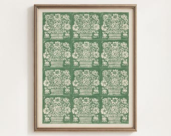 Green Floral Block Print Printable, Vintage Basket Flower Pattern, Cottage Wall Art, Botanical Decor, Farmhouse Gift, Digital Download