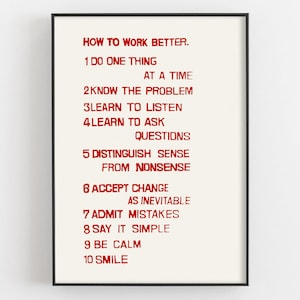 Cómo trabajar mejor por Peter Fischli y David Weiss Impresión, Decoración de oficina, Cartel del entorno de trabajo, Citas de sabiduría Arte de pared, Regalos motivacionales