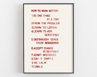 How To Work Better By Peter Fischli And David Weiss Print, Office Decor, Work Environment Poster, Wisdom Quotes Wall Art, Motivational Gifts