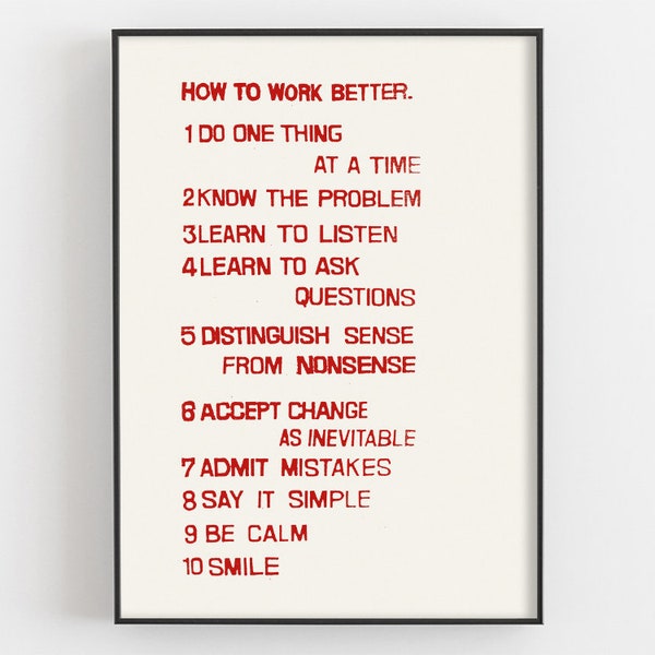 How To Work Better By Peter Fischli And David Weiss Print, Office Decor, Work Environment Poster, Wisdom Quotes Wall Art, Motivational Gifts