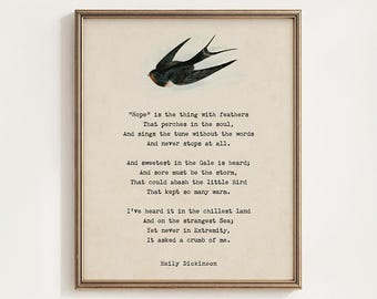 Hope Poem Printable, Emily Dickinson Swallow Bird Wall Art, Vintage Poetry Decor, Literary Gift, Digital Download