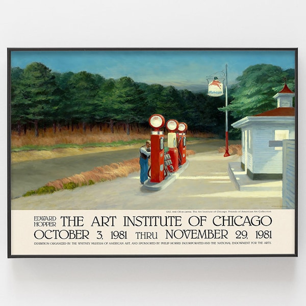 Affiche d’exposition Edward Hopper, impression GAS, décoration murale du réalisme américain, art du musée réaliste américain, peinture de la station Mobilgas, cadeau rétro