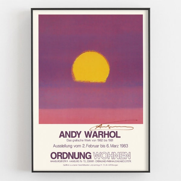 Purple Sunset Poster, Andy Warhol Ordnung Wohnen Exhibition Print, German Museum Wall Art, Nature Painting, Red Sky & Yellow Sun Pop Decor