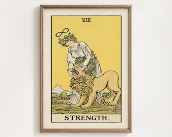 Strength Tarot Card Printable, Rider Waite Major Arcana VIII Mystical Wall Art Decor, Occult Gift, Lion Tarot 8, Digital Download
