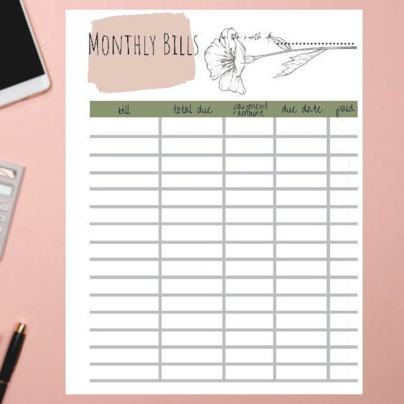 Monthly bills printable monthly bills template budget Etsy