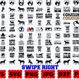 Può includere: Una collezione di grafiche nere con sagome di cavalli, cappelli da cowboy, ferri di cavallo e frasi come Horse Girl, Horse Mom e Cowgirl. L'immagine include il testo SWIPE RIGHT e i formati di file EPS, SVG, PNG, JPG, DXF e PDF.