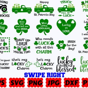 May include: A collection of twenty digital graphic designs featuring St. Patrick's Day themes, including green shamrocks, trucks, hearts, and text phrases like Crushing Shamrocks, Lucky in Love, and Lucky and Blessed, with file formats listed at the bottom.