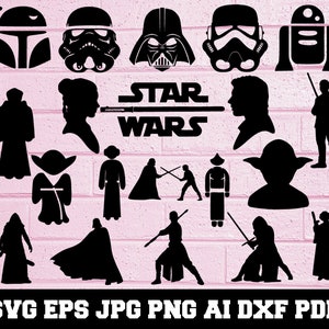 May include: Black and white silhouette cut files of Star Wars characters, including Darth Vader, Yoda, R2-D2, Stormtroopers, and more. The text "Star Wars" is also included in the design.