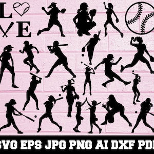 Op de afbeelding: Een set van 18 zwart-wit silhouetbeelden van vrouwelijke softbalspelers in verschillende poses. De afbeeldingen tonen spelers die slaan, gooien, vangen, rennen en glijden. De tekst "LOVE" staat bovenaan de afbeelding, met een honkbal en een hart in het midden van de tekst.