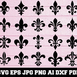 May include: A set of 20 black and white fleur-de-lis designs. The designs are in a variety of styles, including simple, ornate, and stylized.