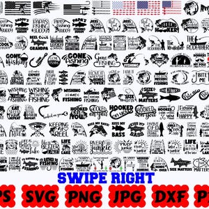 Può includere: Una collezione digitale di design grafici neri a tema pesca, che include sagome di pesci, canne, ami e frasi come Daddy's Fishing Buddy, Gone Fishing e Hooked On You, con i formati dei file elencati nella parte inferiore.
