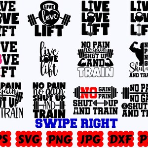Puede incluir: Una colecci&oacute;n de doce dise&ntilde;os gr&aacute;ficos en blanco y negro con tipograf&iacute;a tem&aacute;tica de fitness e iconos como pesas rusas y barras. Las frases incluyen Live Love Lift y No Pain No Gain Shut Up And Train. El texto en la parte inferior dice SWIPE RIGHT.