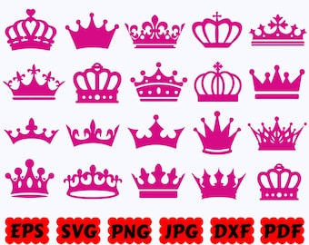 May include: A collection of twenty distinct hot pink crown silhouettes arranged in a grid, featuring various points, arches, and decorative finials. At the bottom, the text EPS, SVG, PNG, JPG, DXF, and PDF is displayed in bold black letters.
