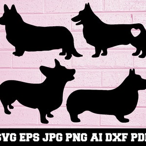 May include: Four black silhouette images of corgi dogs in different poses. The corgis are facing different directions. The corgis are all the same size. The images are on a pink brick background.