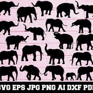 May include: A set of 18 black elephant silhouette SVG cut files. The elephants are in various poses, some with their trunks raised, some with their trunks down, and some with their ears spread out. The files are perfect for creating custom projects, such as t-shirts, mugs, and home decor.