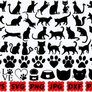 May include: A collection of black silhouettes featuring various cat poses, paw prints, a heart shape, a food bowl, a fish can, and the text LOVE with paw prints. The bottom row displays file format labels including EPS, SVG, PNG, JPG, DXF, and PDF.