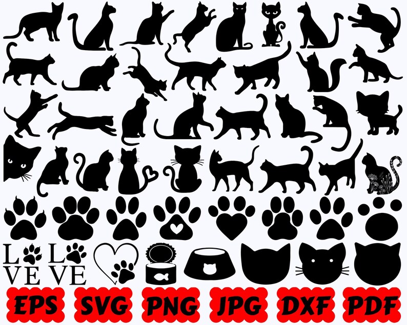 May include: A collection of black silhouettes featuring various cat poses, paw prints, a heart shape, a food bowl, a fish can, and the text LOVE with paw prints. The bottom row displays file format labels including EPS, SVG, PNG, JPG, DXF, and PDF.