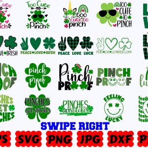 May include: A collection of St. Patrick's Day digital graphic designs featuring green shamrocks, rainbows, gnomes, and smiley faces. Text includes phrases like Too Cute To Pinch, Peace Love Irish, Pinch Proof, Pinches Get Stitches, and Feeling Lucky.