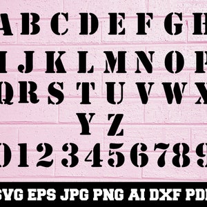May include: Black stencil font alphabet and numbers on a pink brick background. The letters are uppercase and the numbers are in a bold, blocky style. The letters are A through Z and the numbers are 0 through 9. The text "SVG EPS JPG PNG AI DXF PDF" is at the bottom of the image.